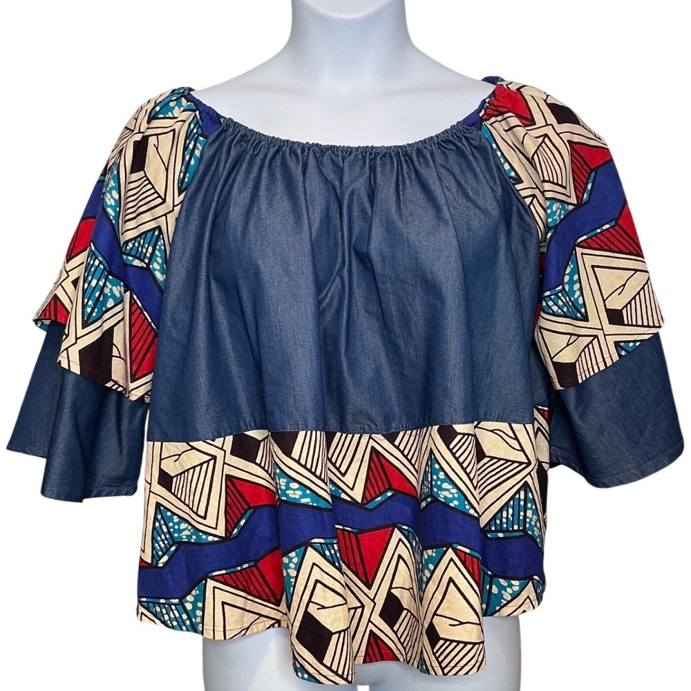 Advance Apparels Womens Patchwork Denim Top One Size Mod Print Boho Flowy Hippie